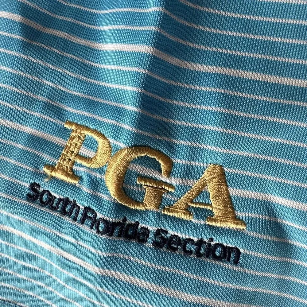 Adidas Golf Polo Men's Large PGA Embroidered Blue Strip‎ Short Sleeve Shirt